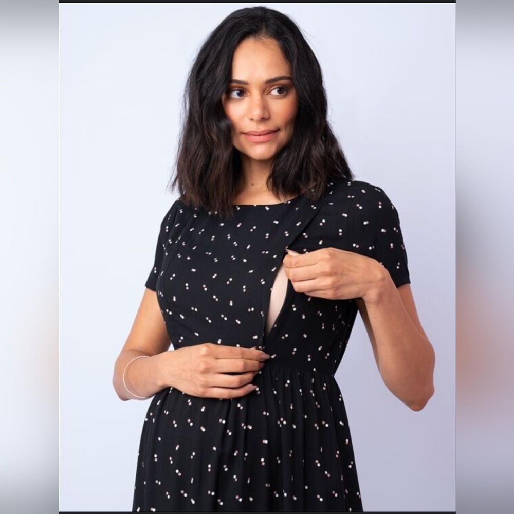 Seraphine Black Dot Tiered Maternity & Nursing Dress, size 4 black